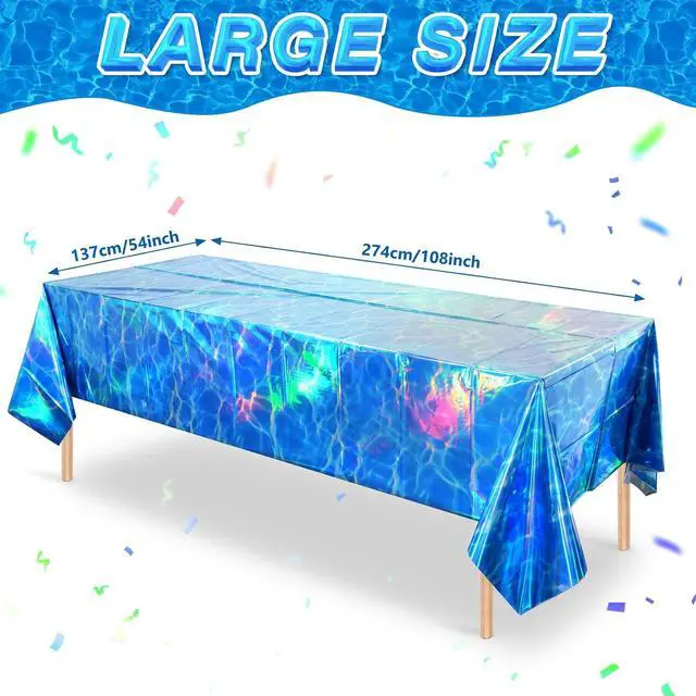 Alt view image 2 of 7 - 3Pcs Iridescent Ocean Waves Party Tablecloth Decorations,54x108 inch Blue Under The Sea Plastic Table Cover Disposable Rectangle Table Cloth for Baby Shower Summer Beach Pool Birthday Party Supplies