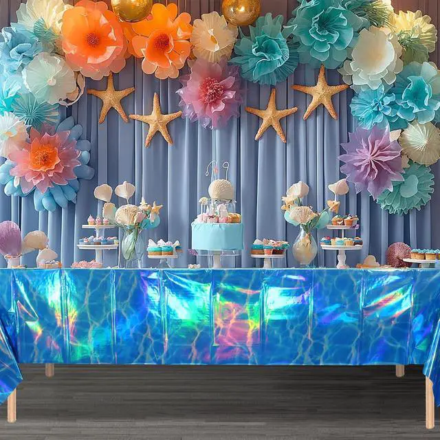 Alt view image 6 of 7 - 3Pcs Iridescent Ocean Waves Party Tablecloth Decorations,54x108 inch Blue Under The Sea Plastic Table Cover Disposable Rectangle Table Cloth for Baby Shower Summer Beach Pool Birthday Party Supplies