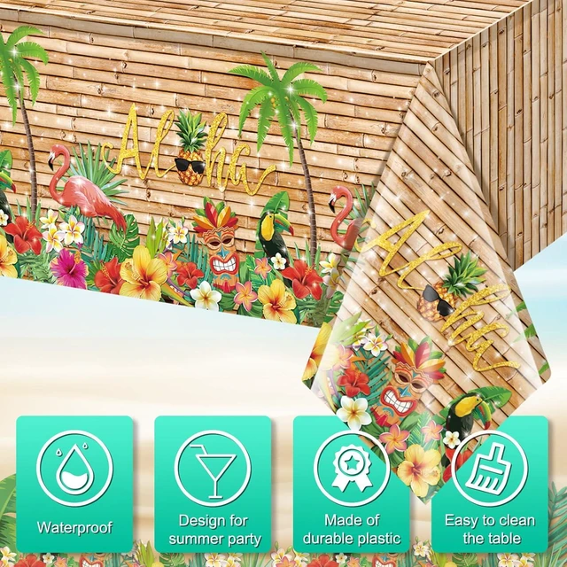 Alt view image 3 of 7 - 3Pcs Hawaiian Luau Tablecloth Tiki Party Tablecloths Tropical Table Cloth Plastic Disposable Rectangle Table Covers for Tiki Bar Tropical Summer Beach Pool Birthday Party Decorations ,108x 54 Inch