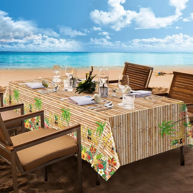 Alt view image 6 of 7 - 3Pcs Hawaiian Luau Tablecloth Tiki Party Tablecloths Tropical Table Cloth Plastic Disposable Rectangle Table Covers for Tiki Bar Tropical Summer Beach Pool Birthday Party Decorations ,108x 54 Inch