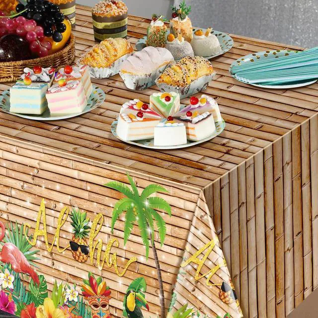 Alt view image 5 of 7 - 3Pcs Hawaiian Luau Tablecloth Tiki Party Tablecloths Tropical Table Cloth Plastic Disposable Rectangle Table Covers for Tiki Bar Tropical Summer Beach Pool Birthday Party Decorations ,108x 54 Inch
