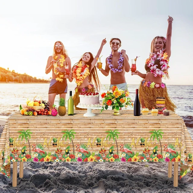 Alt view image 7 of 7 - 3Pcs Hawaiian Luau Tablecloth Tiki Party Tablecloths Tropical Table Cloth Plastic Disposable Rectangle Table Covers for Tiki Bar Tropical Summer Beach Pool Birthday Party Decorations ,108x 54 Inch