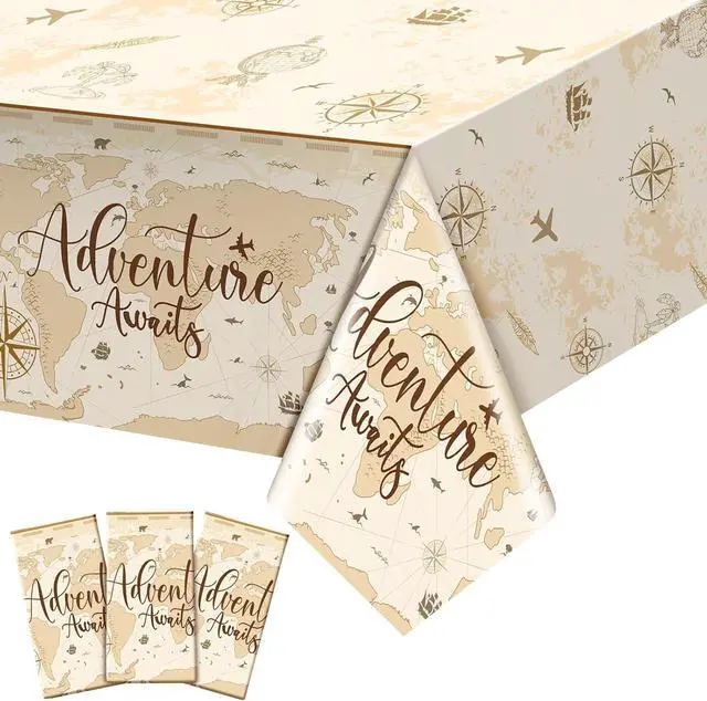 Main image of 3 Pcs Adventure Awaits Tablecloth Travel Party Decorations, Khaki