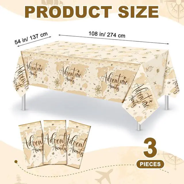 Alt view image 3 of 7 - 3 Pcs Adventure Awaits Tablecloth Travel Party Decorations, Khaki