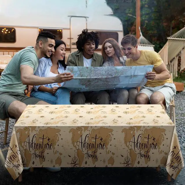 Alt view image 7 of 7 - 3 Pcs Adventure Awaits Tablecloth Travel Party Decorations, Khaki