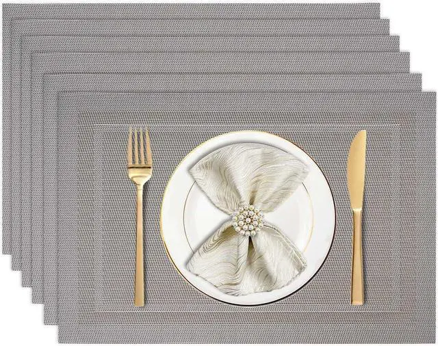Main image of Placemats Set of 6, Vinyl Woven Place Mats, Non-Slip Double-Sided Wipeable Table Mats for Kitchen Dining Restaurant Camping, 12 x 18 Inch, Star Silver