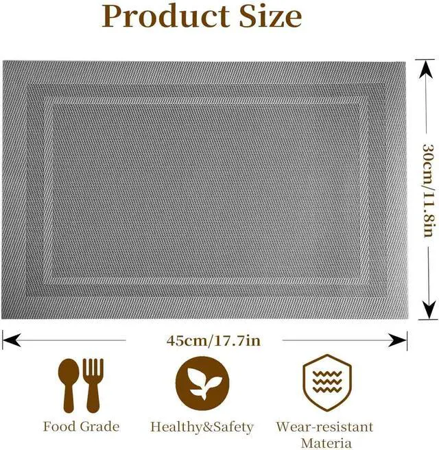 Alt view image 3 of 7 - Placemats Set of 6, Vinyl Woven Place Mats, Non-Slip Double-Sided Wipeable Table Mats for Kitchen Dining Restaurant Camping, 12 x 18 Inch, Star Silver