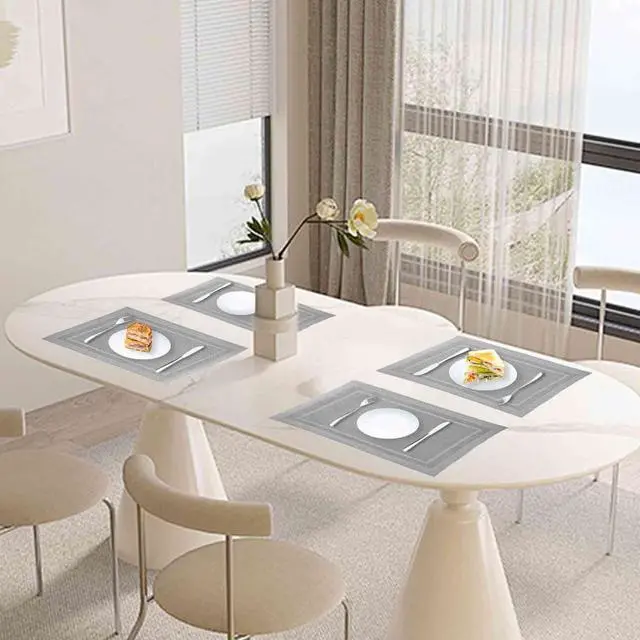 Alt view image 7 of 7 - Placemats Set of 6, Vinyl Woven Place Mats, Non-Slip Double-Sided Wipeable Table Mats for Kitchen Dining Restaurant Camping, 12 x 18 Inch, Star Silver