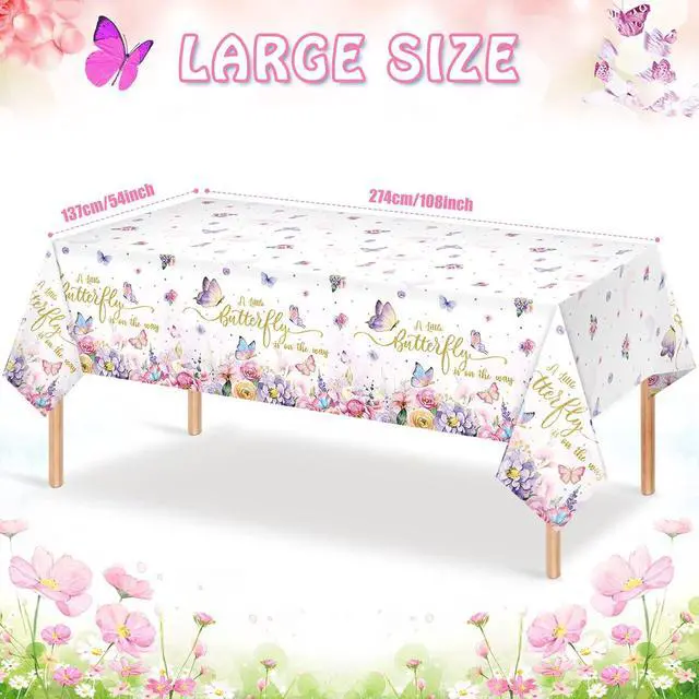 Alt view image 2 of 7 - 3 Pack Butterfly Baby Shower Tablecloth, Little Butterfly is On The Way Baby Shower Decorations, Plastic Disposable Rectangle Watercolor Spring Themed Tablecloth Backdrop Party Decorations