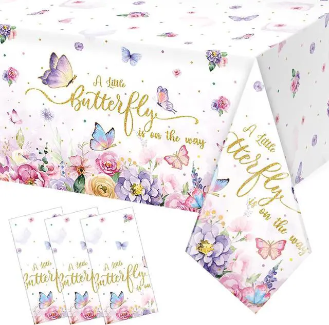 Main image of 3 Pack Butterfly Baby Shower Tablecloth, Little Butterfly is On The Way Baby Shower Decorations, Plastic Disposable Rectangle Watercolor Spring Themed Tablecloth Backdrop Party Decorations