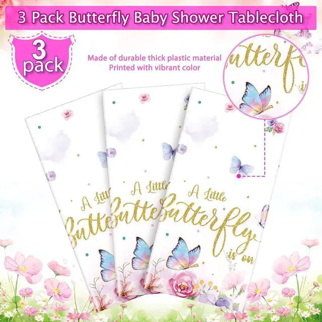 Alt view image 4 of 7 - 3 Pack Butterfly Baby Shower Tablecloth, Little Butterfly is On The Way Baby Shower Decorations, Plastic Disposable Rectangle Watercolor Spring Themed Tablecloth Backdrop Party Decorations