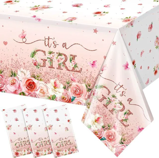 Main image of 3 Pack Floral Baby Shower Tablecloth Decorations, It's a Girl Baby Shower Decorations, Pink Flower Gender Reveal Decorations for Girl, Plastic Disposable Baby Girls Table Cloth Party Decorations