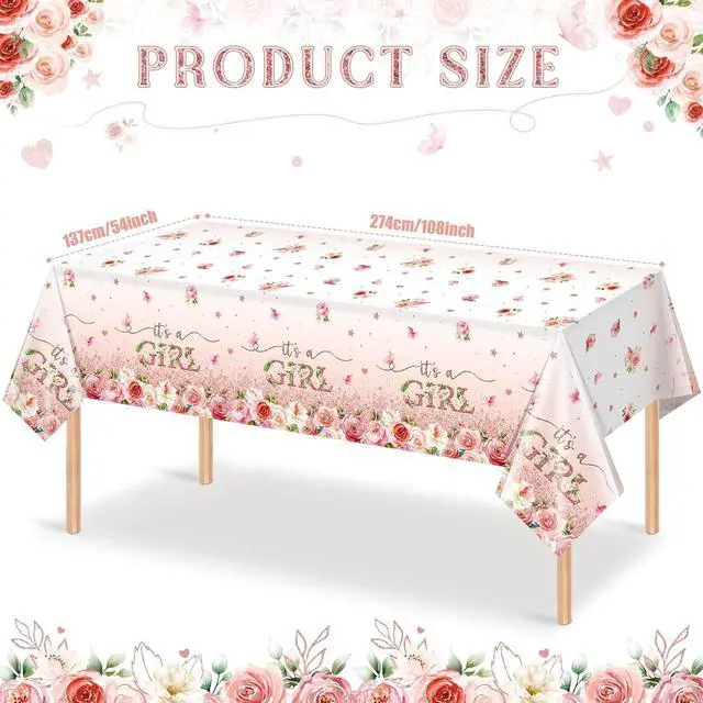 Alt view image 2 of 7 - 3 Pack Floral Baby Shower Tablecloth Decorations, It's a Girl Baby Shower Decorations, Pink Flower Gender Reveal Decorations for Girl, Plastic Disposable Baby Girls Table Cloth Party Decorations