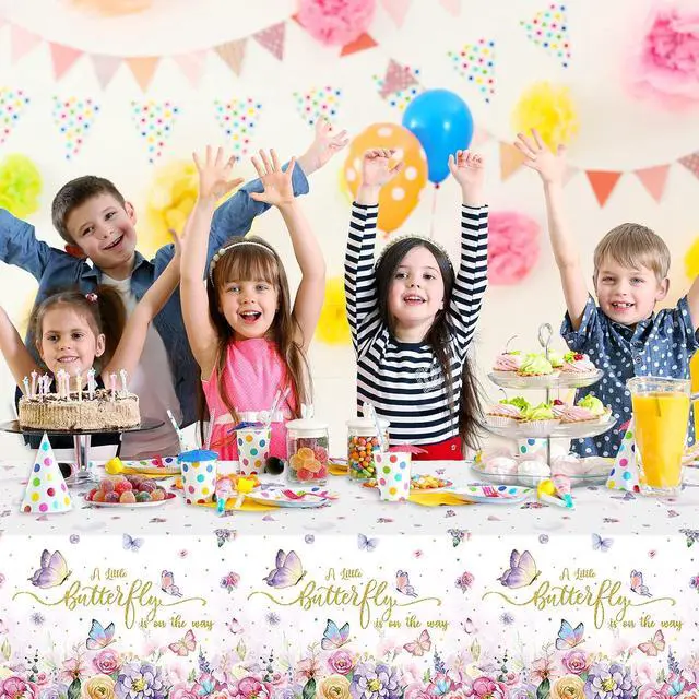 Alt view image 5 of 7 - 3 Pack Butterfly Baby Shower Tablecloth, Little Butterfly is On The Way Baby Shower Decorations, Plastic Disposable Rectangle Watercolor Spring Themed Tablecloth Backdrop Party Decorations