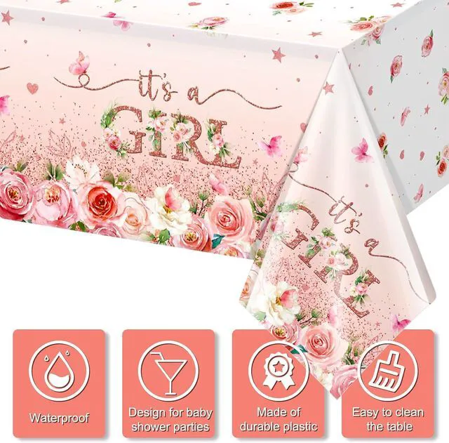 Alt view image 3 of 7 - 3 Pack Floral Baby Shower Tablecloth Decorations, It's a Girl Baby Shower Decorations, Pink Flower Gender Reveal Decorations for Girl, Plastic Disposable Baby Girls Table Cloth Party Decorations