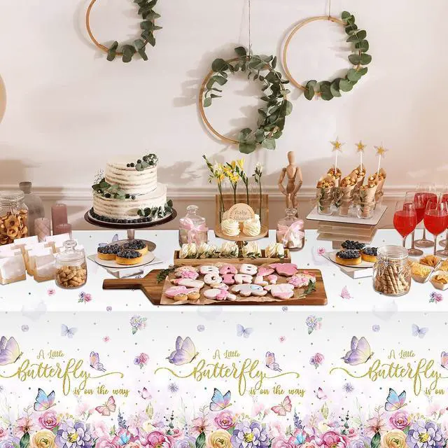 Alt view image 6 of 7 - 3 Pack Butterfly Baby Shower Tablecloth, Little Butterfly is On The Way Baby Shower Decorations, Plastic Disposable Rectangle Watercolor Spring Themed Tablecloth Backdrop Party Decorations