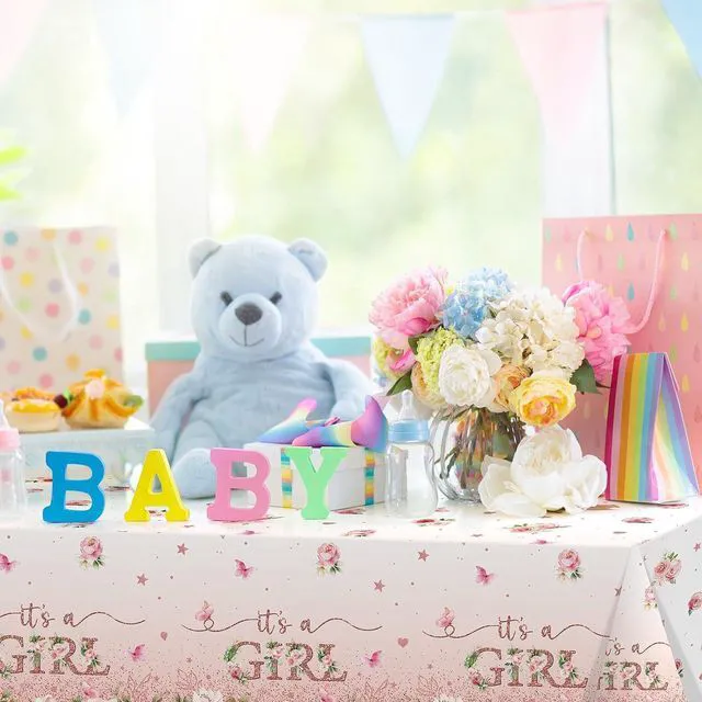 Alt view image 5 of 7 - 3 Pack Floral Baby Shower Tablecloth Decorations, It's a Girl Baby Shower Decorations, Pink Flower Gender Reveal Decorations for Girl, Plastic Disposable Baby Girls Table Cloth Party Decorations