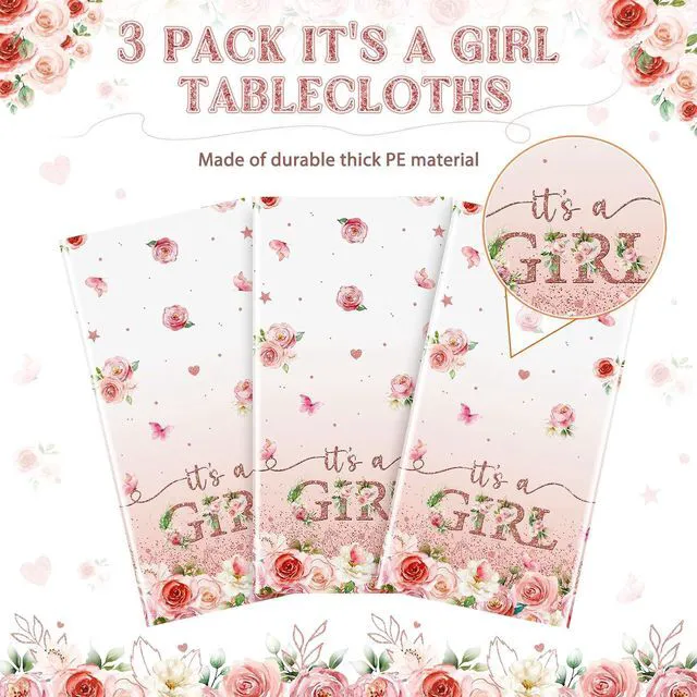 Alt view image 4 of 7 - 3 Pack Floral Baby Shower Tablecloth Decorations, It's a Girl Baby Shower Decorations, Pink Flower Gender Reveal Decorations for Girl, Plastic Disposable Baby Girls Table Cloth Party Decorations