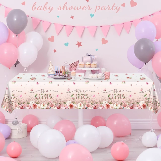 Alt view image 6 of 7 - 3 Pack Floral Baby Shower Tablecloth Decorations, It's a Girl Baby Shower Decorations, Pink Flower Gender Reveal Decorations for Girl, Plastic Disposable Baby Girls Table Cloth Party Decorations