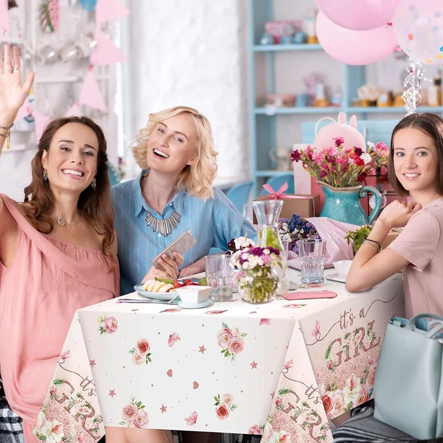 Alt view image 7 of 7 - 3 Pack Floral Baby Shower Tablecloth Decorations, It's a Girl Baby Shower Decorations, Pink Flower Gender Reveal Decorations for Girl, Plastic Disposable Baby Girls Table Cloth Party Decorations