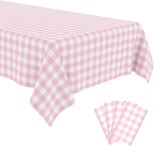 Main image of 4 Pack Pink and White Checkered Tablecloth Pink Checkered Flag Tablecloth, Disposable Plastic Gingham Table Cover for Parties, Race Car Birthday Party, Birthday, Outdoor Picnic, 54 × 108 Inch