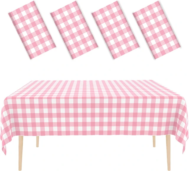 Alt view image 2 of 7 - 4 Pack Pink and White Checkered Tablecloth Pink Checkered Flag Tablecloth, Disposable Plastic Gingham Table Cover for Parties, Race Car Birthday Party, Birthday, Outdoor Picnic, 54 × 108 Inch