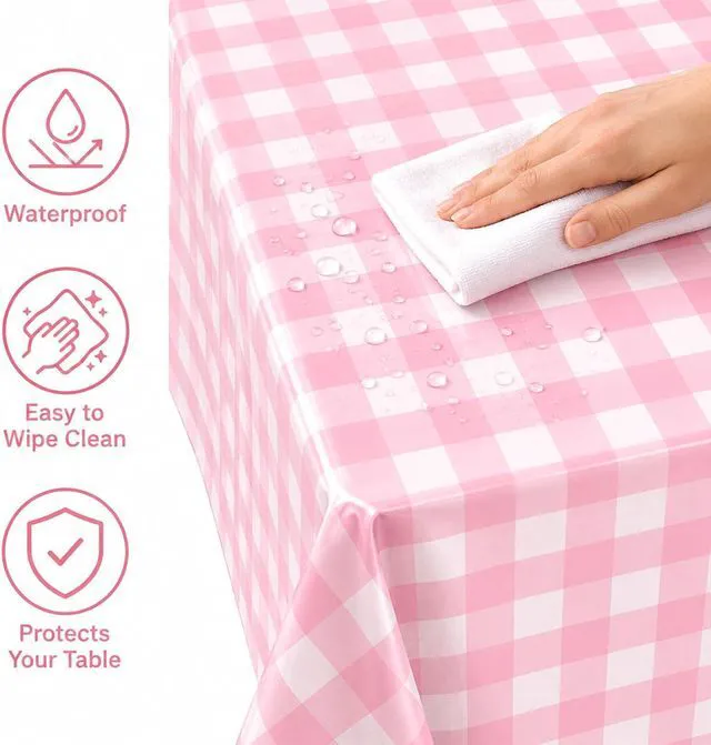 Alt view image 4 of 7 - 4 Pack Pink and White Checkered Tablecloth Pink Checkered Flag Tablecloth, Disposable Plastic Gingham Table Cover for Parties, Race Car Birthday Party, Birthday, Outdoor Picnic, 54 × 108 Inch