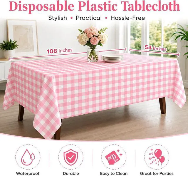 Alt view image 6 of 7 - 4 Pack Pink and White Checkered Tablecloth Pink Checkered Flag Tablecloth, Disposable Plastic Gingham Table Cover for Parties, Race Car Birthday Party, Birthday, Outdoor Picnic, 54 × 108 Inch