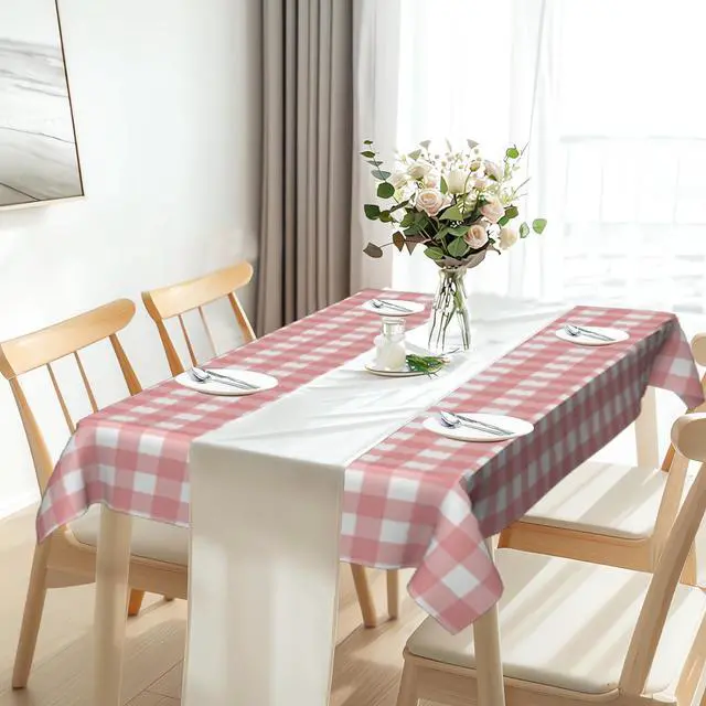 Alt view image 7 of 7 - 4 Pack Pink and White Checkered Tablecloth Pink Checkered Flag Tablecloth, Disposable Plastic Gingham Table Cover for Parties, Race Car Birthday Party, Birthday, Outdoor Picnic, 54 × 108 Inch