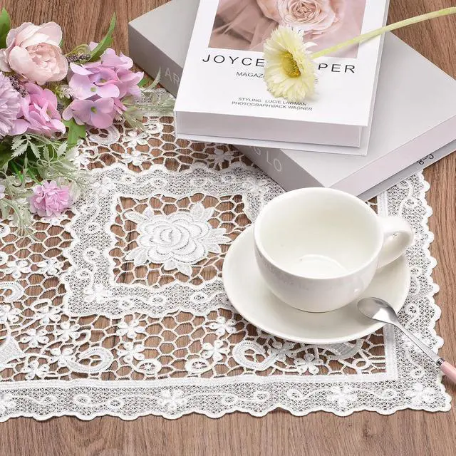 Alt view image 4 of 7 - Retro Lace Placemat 15x15-in Square Embroidered Table Place Mats French Crochet Doilies Coasters Cup Mat for Home Wedding, White
