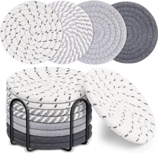 Main image of 8 Pcs Drink Coasters with Holder, 4 Colors Absorbent Coasters, Minimalist Cotton Woven Coaster Set for Living Room Decor, Tabletop Protection Suitable for Kinds of Cups, 4.3 Inches