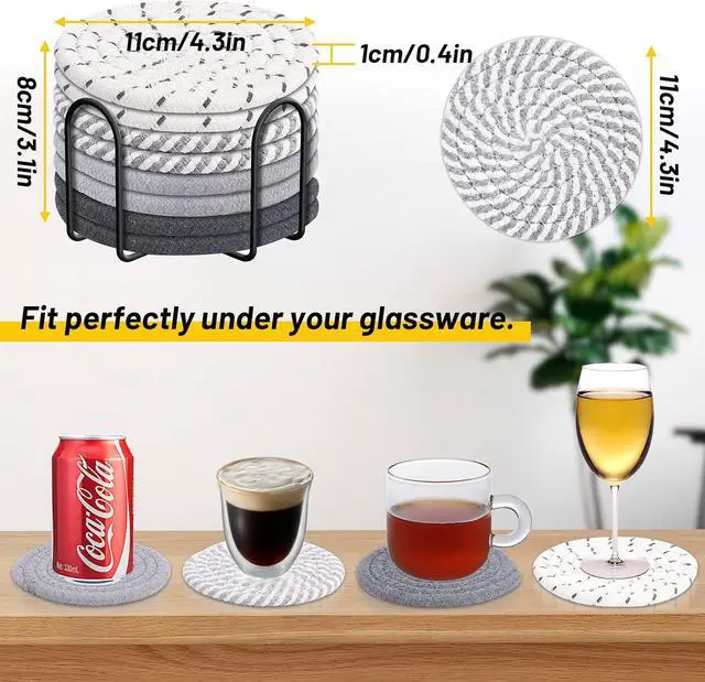 Alt view image 2 of 7 - 8 Pcs Drink Coasters with Holder, 4 Colors Absorbent Coasters, Minimalist Cotton Woven Coaster Set for Living Room Decor, Tabletop Protection Suitable for Kinds of Cups, 4.3 Inches