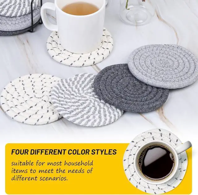 Alt view image 5 of 7 - 8 Pcs Drink Coasters with Holder, 4 Colors Absorbent Coasters, Minimalist Cotton Woven Coaster Set for Living Room Decor, Tabletop Protection Suitable for Kinds of Cups, 4.3 Inches