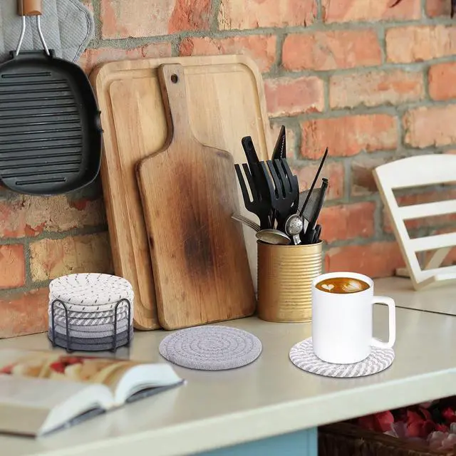 Alt view image 6 of 7 - 8 Pcs Drink Coasters with Holder, 4 Colors Absorbent Coasters, Minimalist Cotton Woven Coaster Set for Living Room Decor, Tabletop Protection Suitable for Kinds of Cups, 4.3 Inches
