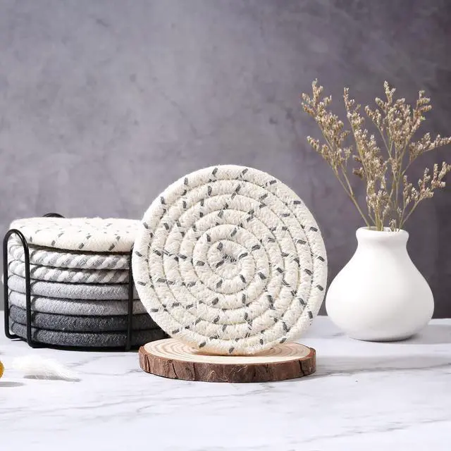Alt view image 7 of 7 - 8 Pcs Drink Coasters with Holder, 4 Colors Absorbent Coasters, Minimalist Cotton Woven Coaster Set for Living Room Decor, Tabletop Protection Suitable for Kinds of Cups, 4.3 Inches