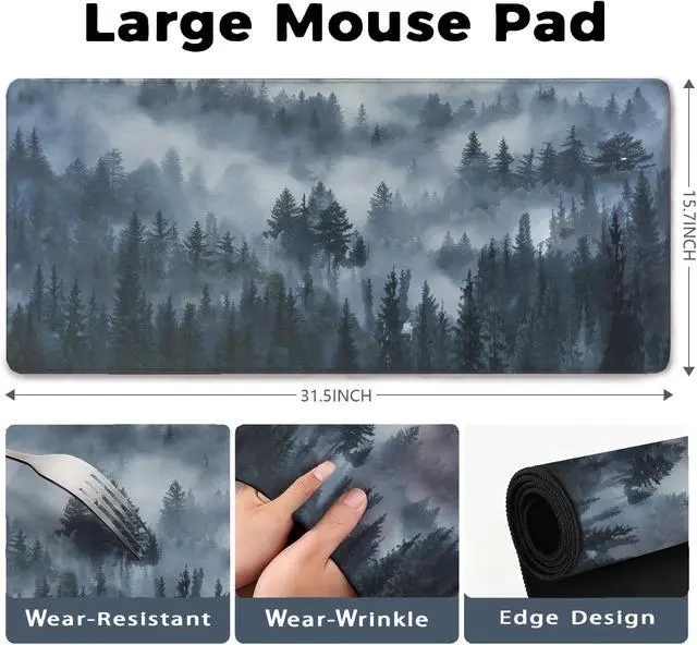 Alt view image 3 of 7 - Grey Forest Patterns Desk Mat, Large Gaming Mouse Pad Non-Slip Rubber Base with Stitched Edges, Waterproof Protection for PC Laptop Home Office Desk Decor (31.5x15.7in)
