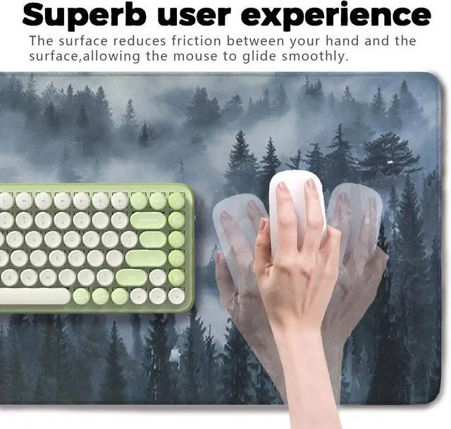 Alt view image 4 of 7 - Grey Forest Patterns Desk Mat, Large Gaming Mouse Pad Non-Slip Rubber Base with Stitched Edges, Waterproof Protection for PC Laptop Home Office Desk Decor (31.5x15.7in)
