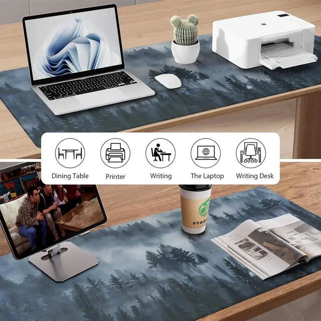 Alt view image 6 of 7 - Grey Forest Patterns Desk Mat, Large Gaming Mouse Pad Non-Slip Rubber Base with Stitched Edges, Waterproof Protection for PC Laptop Home Office Desk Decor (31.5x15.7in)