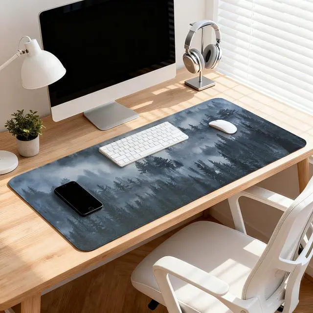 Alt view image 7 of 7 - Grey Forest Patterns Desk Mat, Large Gaming Mouse Pad Non-Slip Rubber Base with Stitched Edges, Waterproof Protection for PC Laptop Home Office Desk Decor (31.5x15.7in)
