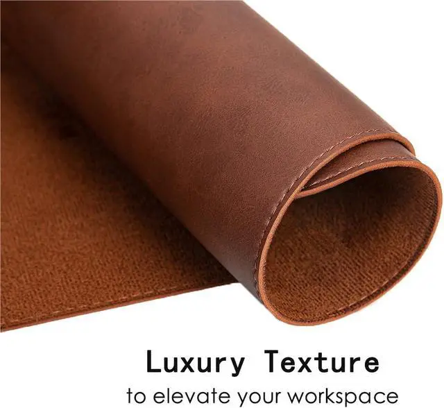 Alt view image 3 of 7 - Soft Anti-Curl Faux PU Desk Mat 23.6"x13.8", Waterproof Heat Safe Non-Slip Vintage Desk Pad, Stitched Edge Wipeable Tear Resistant Desktop Protector for Work from Home Office (Brown)