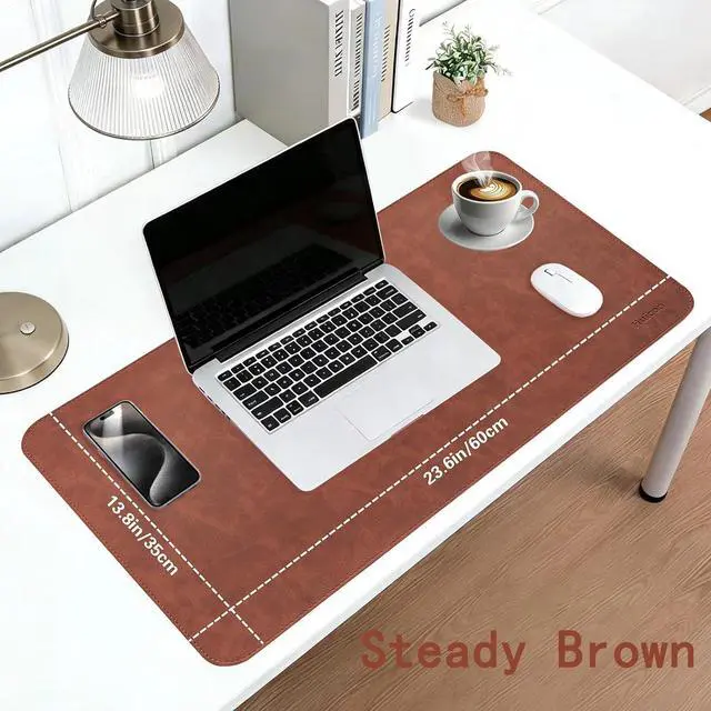 Alt view image 2 of 7 - Soft Anti-Curl Faux PU Desk Mat 23.6"x13.8", Waterproof Heat Safe Non-Slip Vintage Desk Pad, Stitched Edge Wipeable Tear Resistant Desktop Protector for Work from Home Office (Brown)