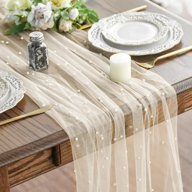 Main image of Pearl Beige Gauze Table Runner 120 Inch 10FT, Seasonal Sheer Dining Holiday Wedding Birthday Baby Shower Table Decor for Home Party