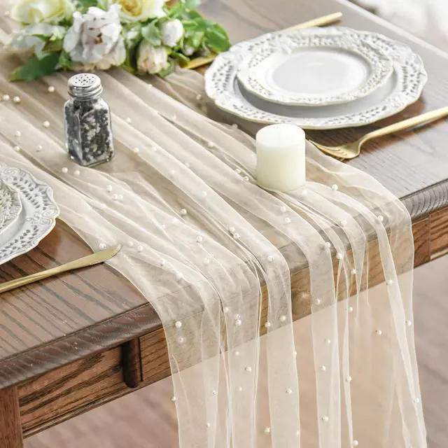 Alt view image 2 of 7 - Pearl Beige Gauze Table Runner 120 Inch 10FT, Seasonal Sheer Dining Holiday Wedding Birthday Baby Shower Table Decor for Home Party