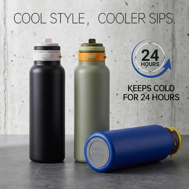 Alt view image 5 of 7 - 24 oz Insulated Water Bottle, 2-in-1 Stainless Steel with Straw and Spout, Leak Proof,Fits in Car Cup Holder, 304 Stainless Steel with Wide Mouth, Great for Sports, Travel, Work (Black)
