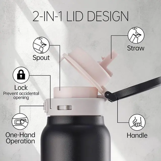 Alt view image 6 of 7 - 24 oz Insulated Water Bottle, 2-in-1 Stainless Steel with Straw and Spout, Leak Proof,Fits in Car Cup Holder, 304 Stainless Steel with Wide Mouth, Great for Sports, Travel, Work (Black)