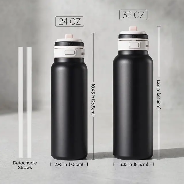 Alt view image 7 of 7 - 24 oz Insulated Water Bottle, 2-in-1 Stainless Steel with Straw and Spout, Leak Proof,Fits in Car Cup Holder, 304 Stainless Steel with Wide Mouth, Great for Sports, Travel, Work (Black)