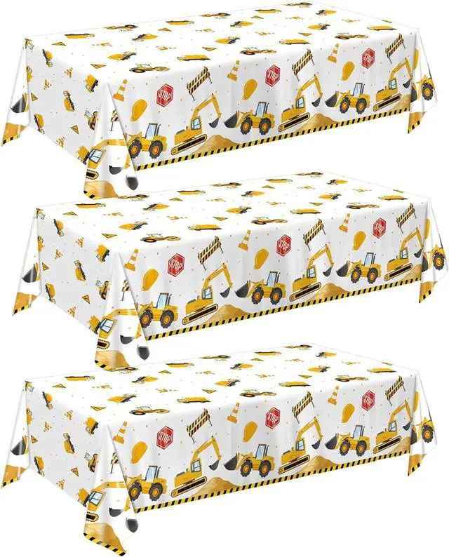 Main image of 3 Pack Construction Plastic Birthday Party Tablecloths, 54 x 108 Inches - Truck Excavator Table Covers for Construction Birthday Decorations