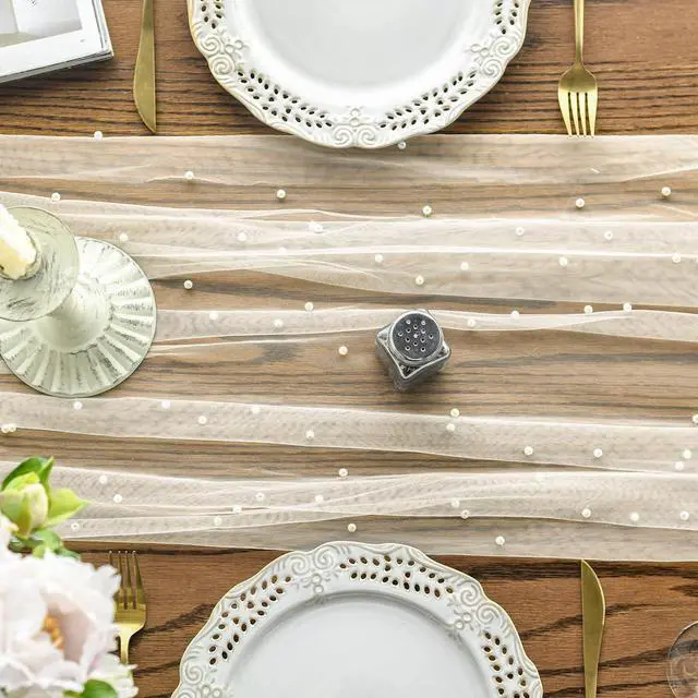Alt view image 3 of 7 - Pearl Beige Gauze Table Runner 120 Inch 10FT, Seasonal Sheer Dining Holiday Wedding Birthday Baby Shower Table Decor for Home Party