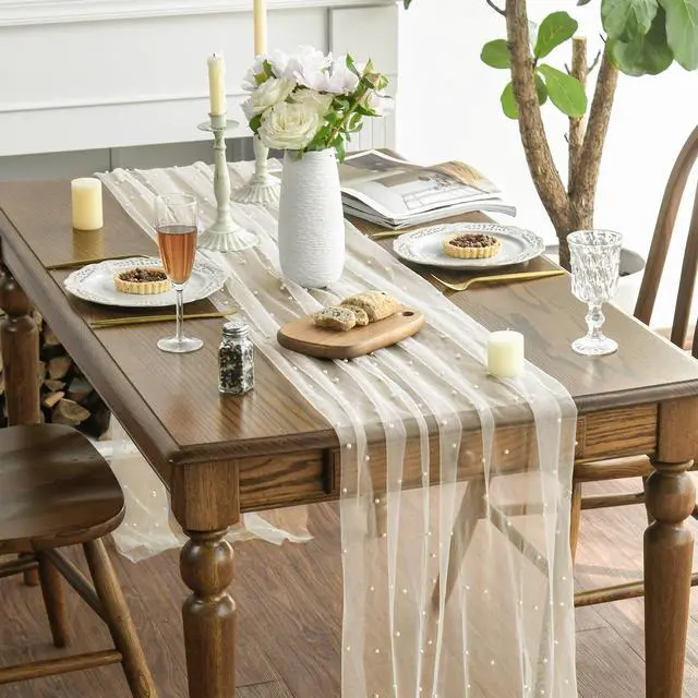 Alt view image 4 of 7 - Pearl Beige Gauze Table Runner 120 Inch 10FT, Seasonal Sheer Dining Holiday Wedding Birthday Baby Shower Table Decor for Home Party