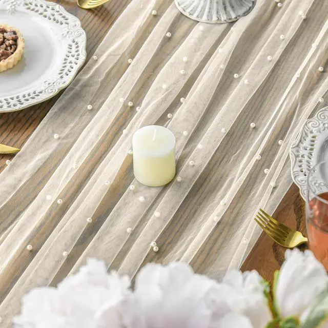 Alt view image 7 of 7 - Pearl Beige Gauze Table Runner 120 Inch 10FT, Seasonal Sheer Dining Holiday Wedding Birthday Baby Shower Table Decor for Home Party